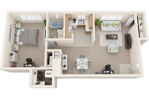 Floor plan for 1 bed, 1 bath, 845 sqft